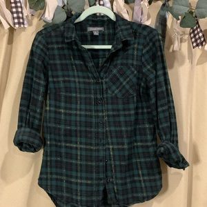 Alexander Jordan Collared Shirt - Green Plaid with Gold - Size S